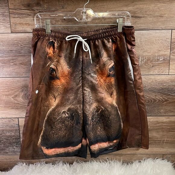 Men’s Novelty Hippo Swim Trunks Shorts, Brown, Size Large - Picture 1 of 5